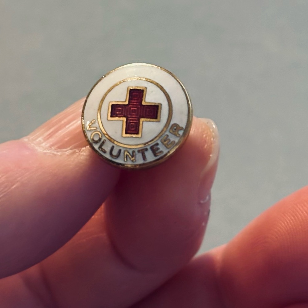 Vintage White Red Guilloche Enamel Red Cross Volunteer Lapel Pin